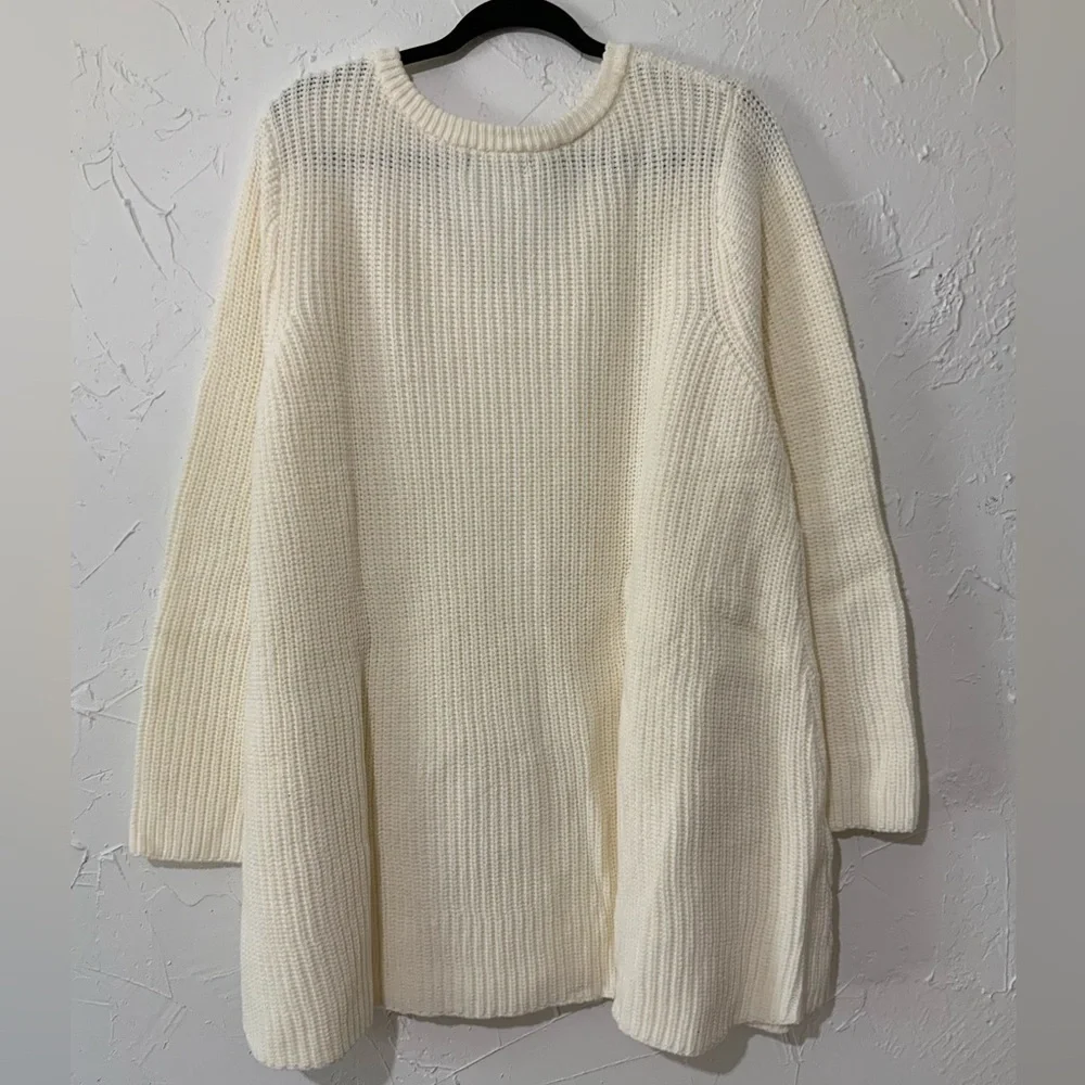 Woman Within Plus Size V-Neck Shaker Trapeze Knitted Sweater Ivory Sz 1X (22-24)